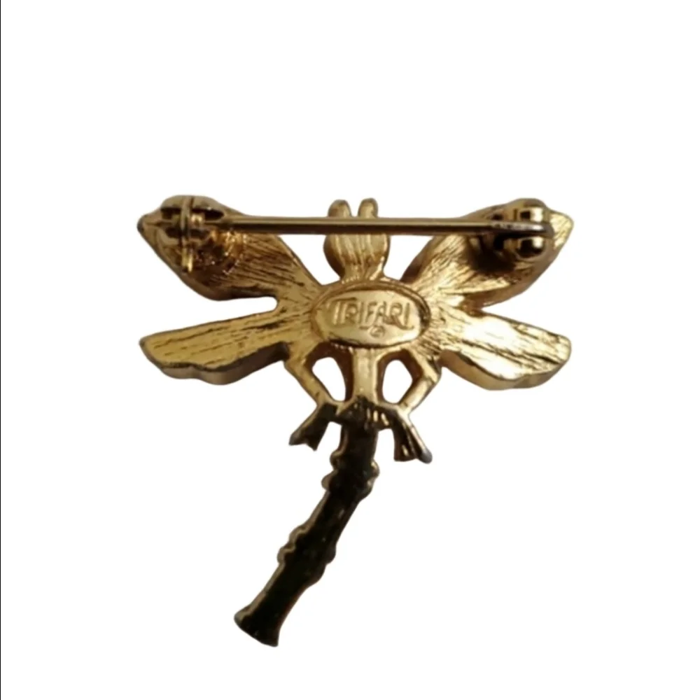 Vintage Trifari Gold Tone and Enamel Dragonfly Pin Brooch Signed